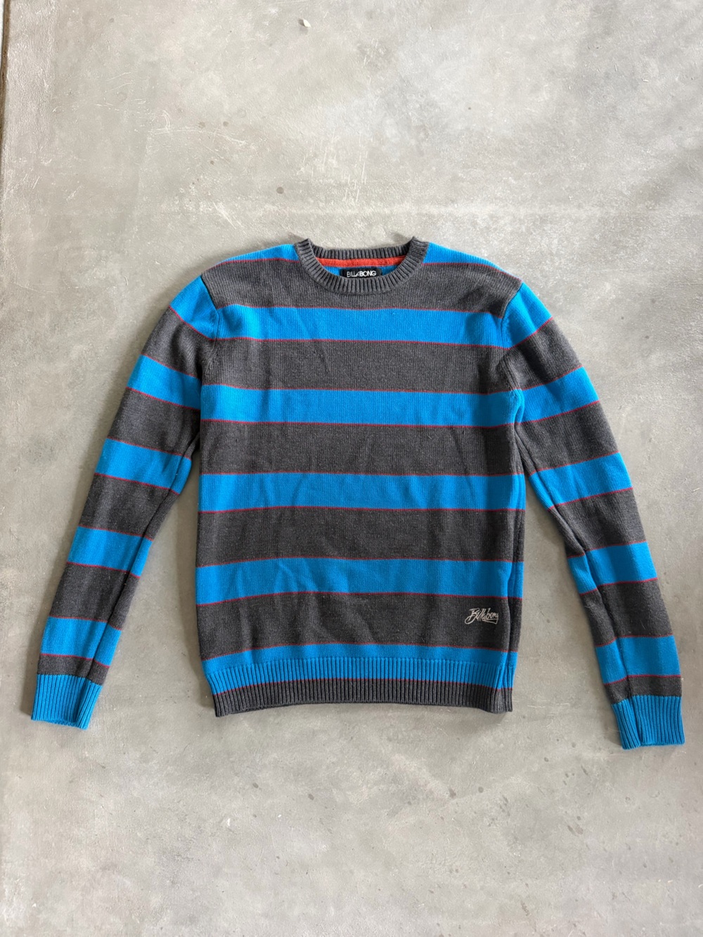 Vintage Billabong Blue and Gray Striped Crewneck Sweater